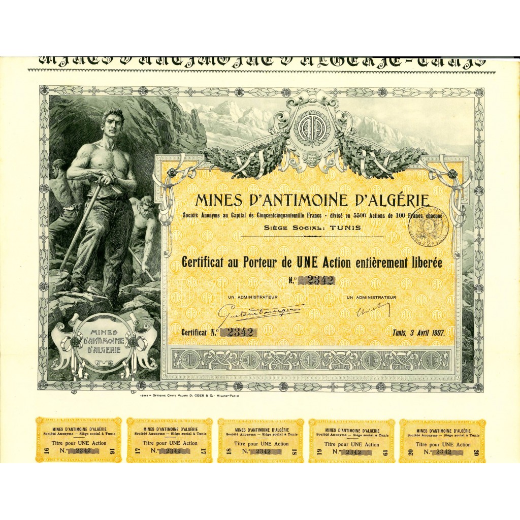1907 - MINES D'ANTIMOINE D'ALGERIE DISEGNO A....