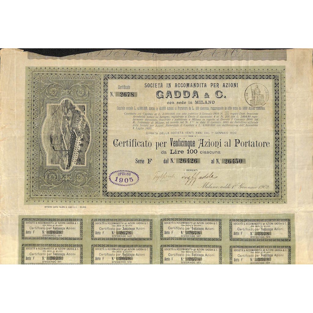 SOC. IN ACCCOMANDITA PER AZIONI GADDA & C. - 25 AZIONI MILANO 1902