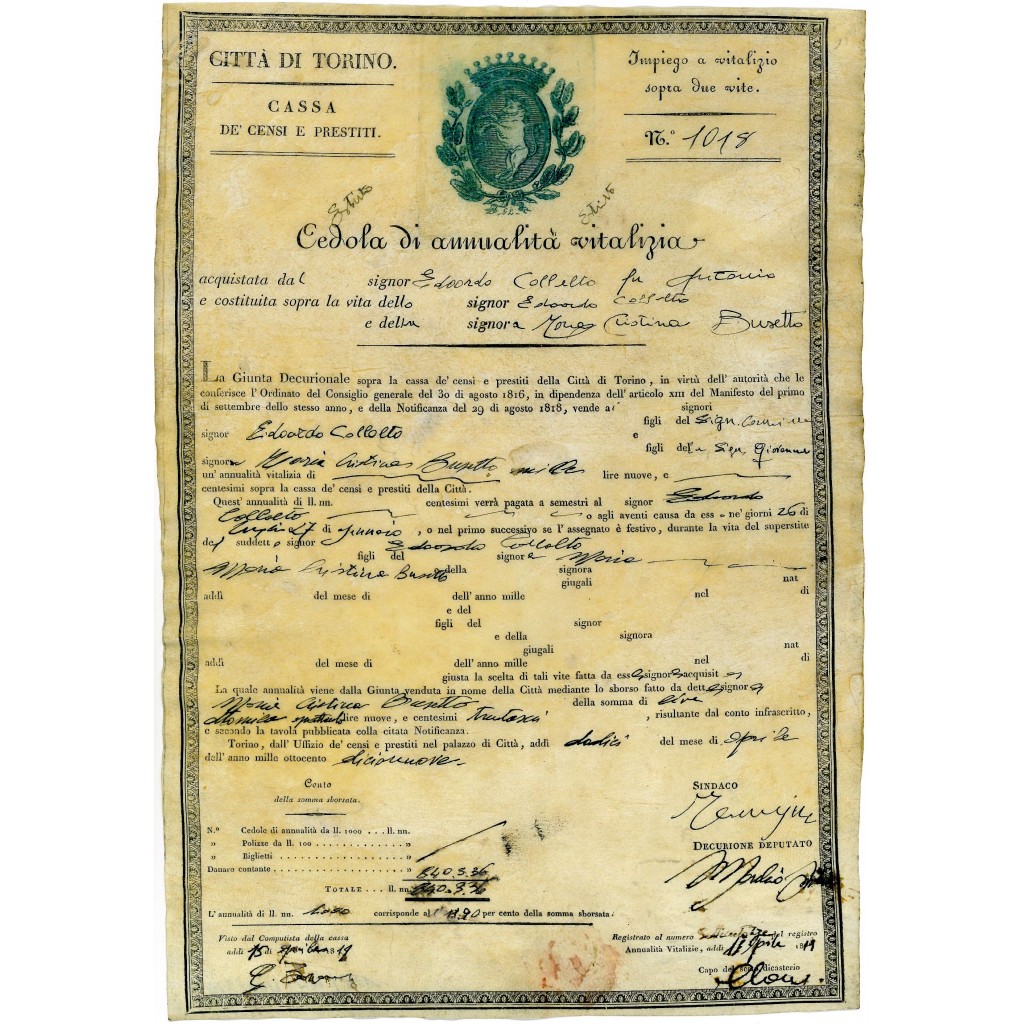 1841 - CITTA' DI TORINO CASSA DE CENSI E...