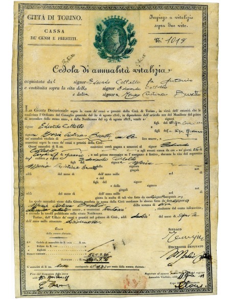 1841 - CITTA' DI TORINO CASSA DE CENSI E PRESTITI CEDOLA DI ANNUALITA' VITALIZIA