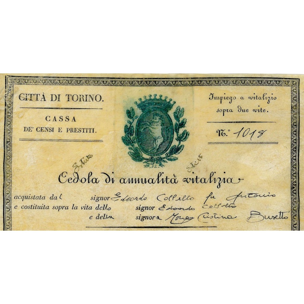 1841 - CITTA' DI TORINO CASSA DE CENSI E...