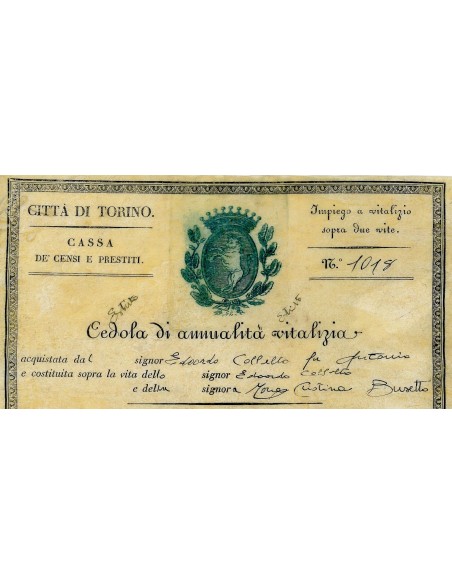 1841 - CITTA' DI TORINO CASSA DE CENSI E PRESTITI CEDOLA DI ANNUALITA' VITALIZIA