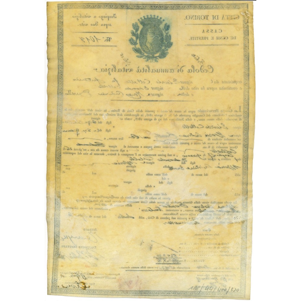 1841 - CITTA' DI TORINO CASSA DE CENSI E...