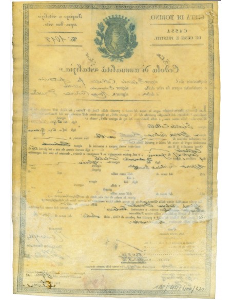 1841 - CITTA' DI TORINO CASSA DE CENSI E PRESTITI CEDOLA DI ANNUALITA' VITALIZIA