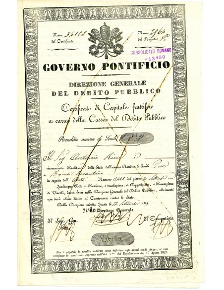 1859 - GOVERNO PONTIFICIO - CONSOLIDATO ROMANO CERT. VARIABILE SCUDI SERIE LIBERA