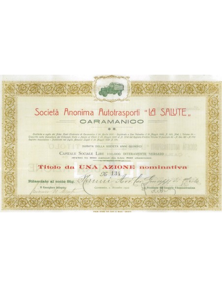 SOC. ANONIMA AUTOTRASPORTI LA SALUTE 1 AZIONE CARAMANICO 1922