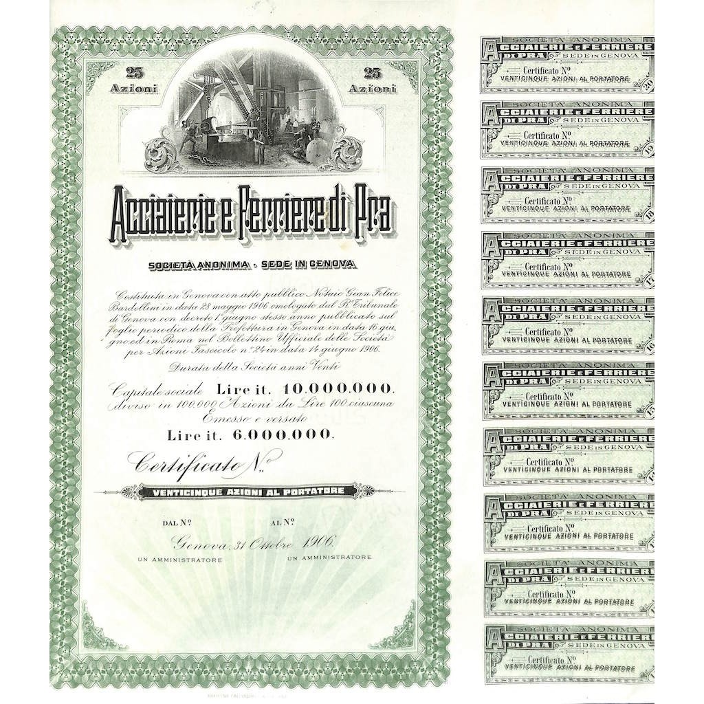 ACCIAIERIE E FERRIERE DI PRA - 25 AZIONI GENOVA 1906