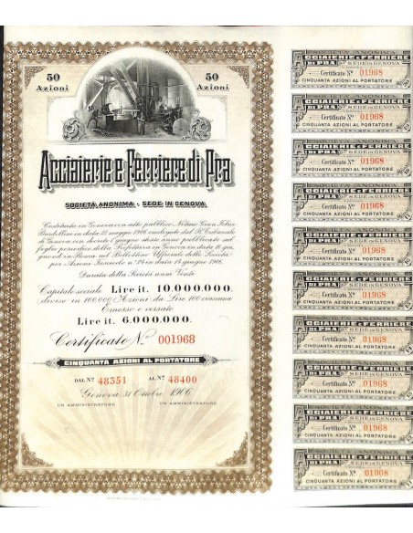 ACCIAIERIE E FERRIERE DI PRA - 50 AZIONI GENOVA 1906