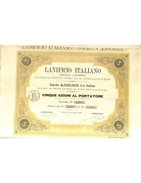LANIFICIO ITALIANO SOC. ANON. - 5 AZIONI GENOVA 1889
