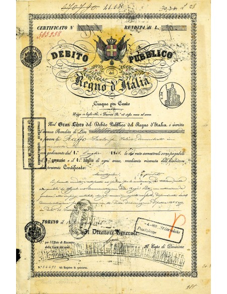 1866 - DEBITO PUBBLICO REGNO D'ITALIA STEMMA COLORE 5% RENDITA LIRE 70- TORINO