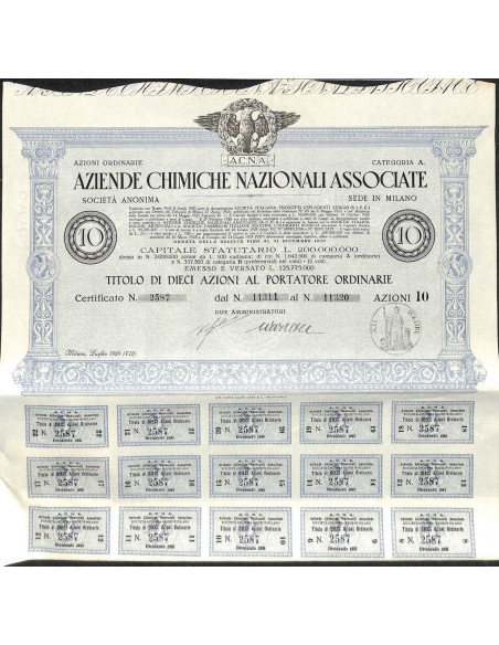 AZIENDE CHIMICHE NAZIONALI ASSOCIATE - 10 AZIONI MILANO 1929