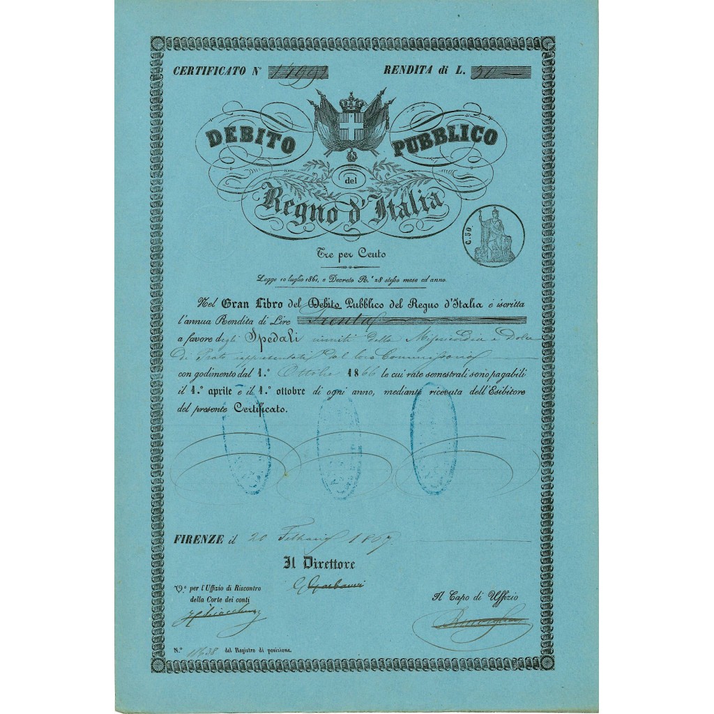 1869 - DEBITO PUBBLICO REGNO D'ITALIA 3%...