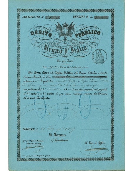 1869 - DEBITO PUBBLICO REGNO D'ITALIA 3% RENDITA LIRE 30 - FIRENZE