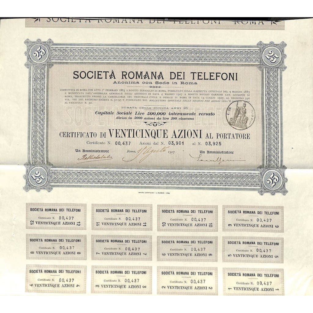 SOC. ROMANA DEI TELEFONI - 25 AZIONI ROMA 1907