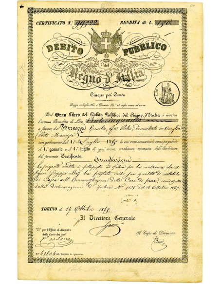 1869 - DEBITO PUBBLICO REGNO D'ITALIA 5% RENDITA LIRE 190 - TORINO