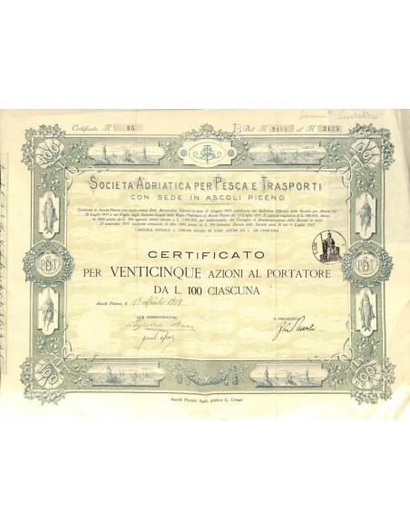 SOC. ADRIATICA PER PESCA E TRASPORTI - 25 AZIONI ASCOLI P. 1918