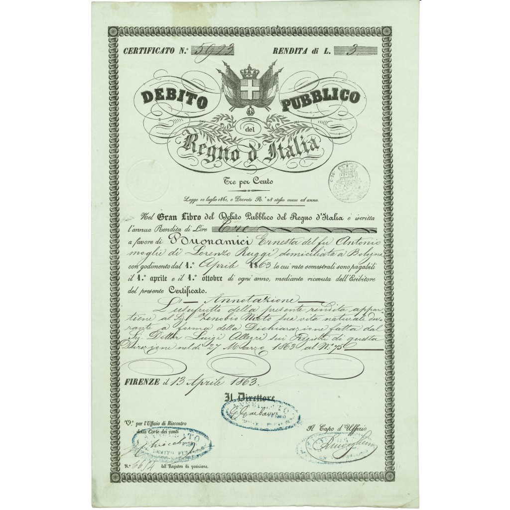 1863 - DEBITO PUBBLICO REGNO D'ITALIA 3%...