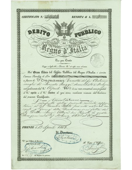1863 - DEBITO PUBBLICO REGNO D'ITALIA 3% RENDITA LIRE 3 - FIRENZE