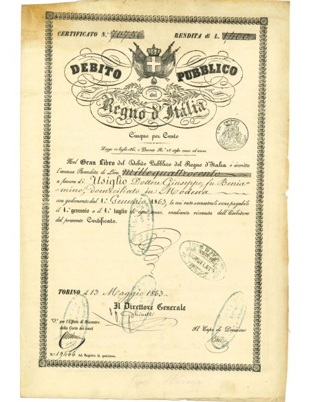 1863 - DEBITO PUBBLICO REGNO D'ITALIA 5% RENDITA LIRE 1400 - TORINO