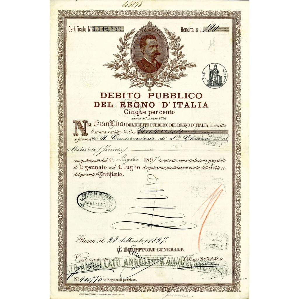 1897 - DEBITO PUBBLICO REGNO D'ITALIA UMBERTO I  5% RENDITA LIRE 120 - ROMA