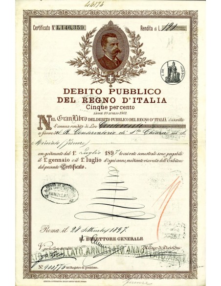 1897 - DEBITO PUBBLICO REGNO D'ITALIA UMBERTO I  5% RENDITA LIRE 120 - ROMA