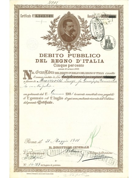 1901 - DEBITO PUBBLICO REGNO D'ITALIA UMBERTO I  5% RENDITA LIRE 125 - ROMA