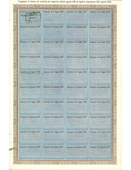 1901 - DEBITO PUBBLICO REGNO D'ITALIA UMBERTO I  5% RENDITA LIRE 125 - ROMA