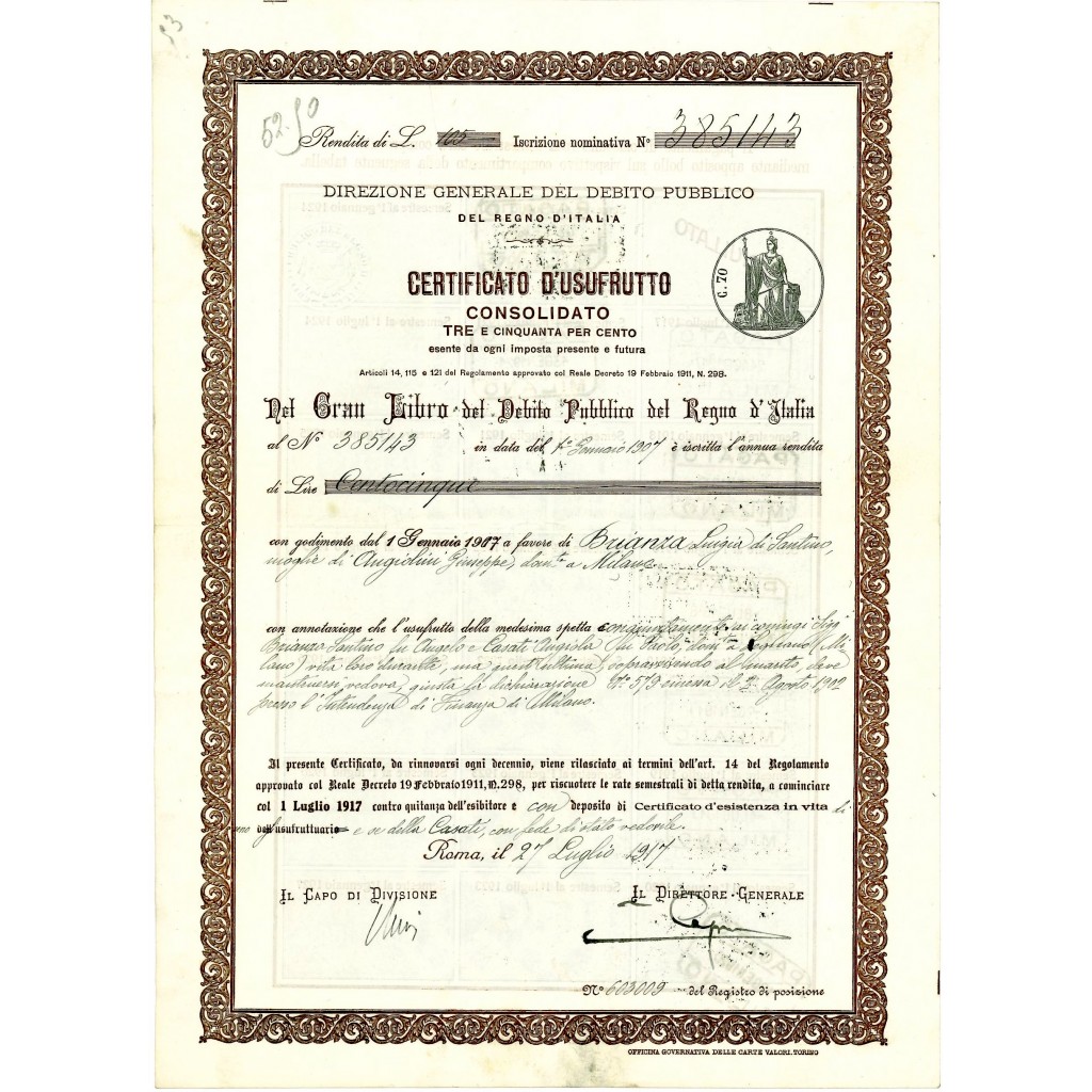 1917 - CERTIFICATO USUFRUTTO 3,50% - DEBITO...