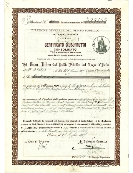 1917 - CERTIFICATO USUFRUTTO 3,50% - DEBITO PUBBLICO REGNO D'ITALIA - ROMA