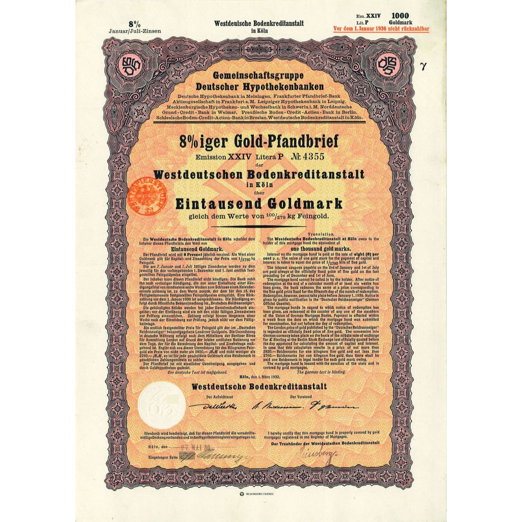 1930 - GERMAN GOLD BOND KOLN 1.000 GOLDMARK...