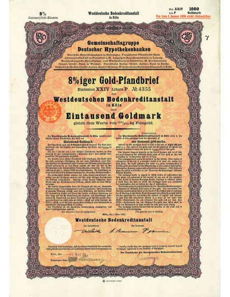 1930 - GERMAN GOLD BOND KOLN 1.000 GOLDMARK (100/279 Kg. Feingold)