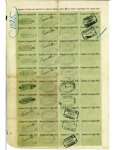 1887 - MINISTERO DEL TESORO 3% RENDITA L. 18,93 - DEBITO PUBBLICO REGNO D'ITALIA - ROMA