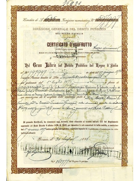 1896 - CERTIFICATO USUFRUTTO 5% - DEBITO PUBBLICO REGNO D'ITALIA DATA MANOSCRITTA  - ROMA