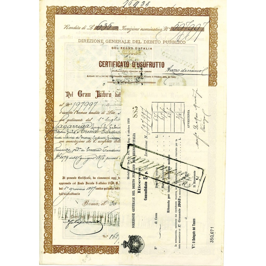 1896 - CERTIFICATO USUFRUTTO 5% - DEBITO...