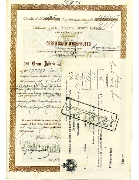 1896 - CERTIFICATO USUFRUTTO 5% - DEBITO PUBBLICO REGNO D'ITALIA DATA MANOSCRITTA  - ROMA