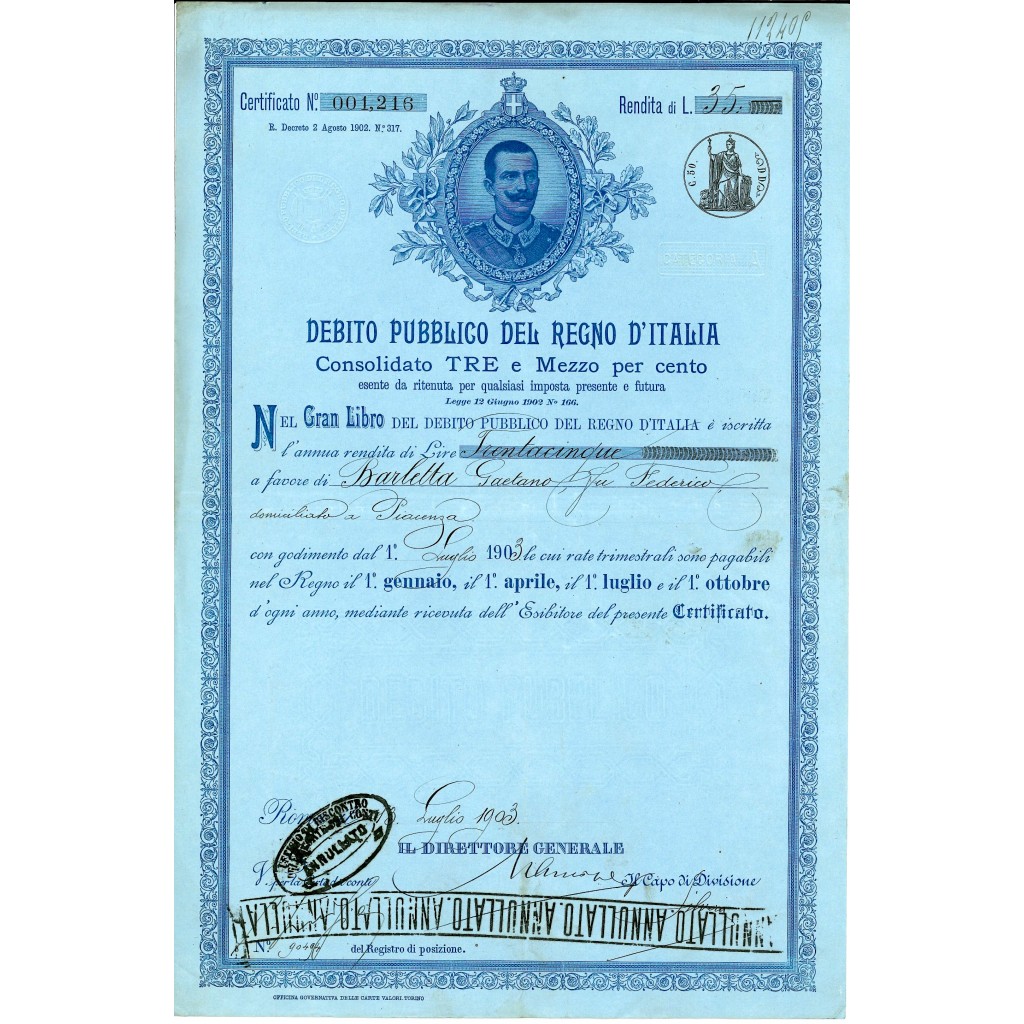 1903 - CERTIFICATO 3,50% RENDITA L. 35 - DEB. PUBBLICO REGNO D'ITALIA - ROMA