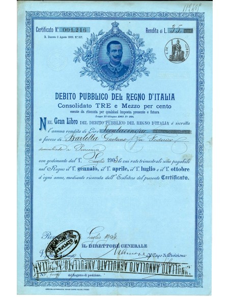 1903 - CERTIFICATO 3,50% RENDITA L. 35 - DEB. PUBBLICO REGNO D'ITALIA - ROMA