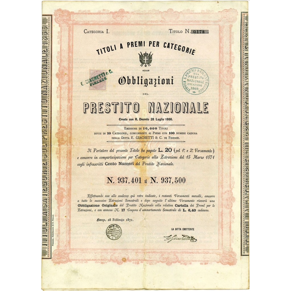 1871 - PRESTITO NAZIONALE DEL REGNO D'ITALIA OBBLIGAZIONI L. 20 - FIRENZE