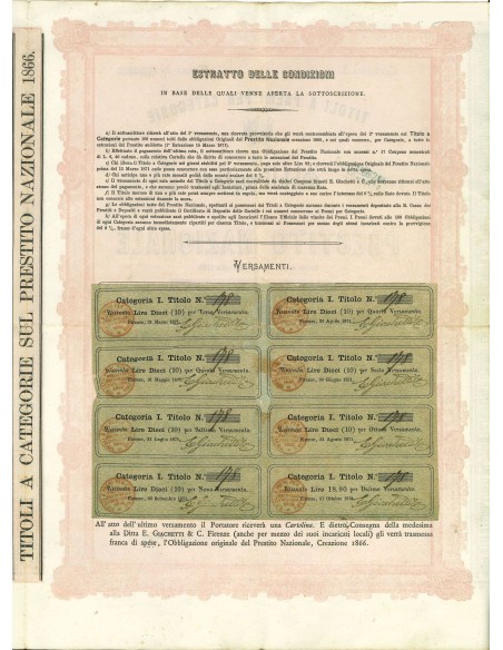 1871 - PRESTITO NAZIONALE DEL REGNO D'ITALIA OBBLIGAZIONI L. 20 - FIRENZE