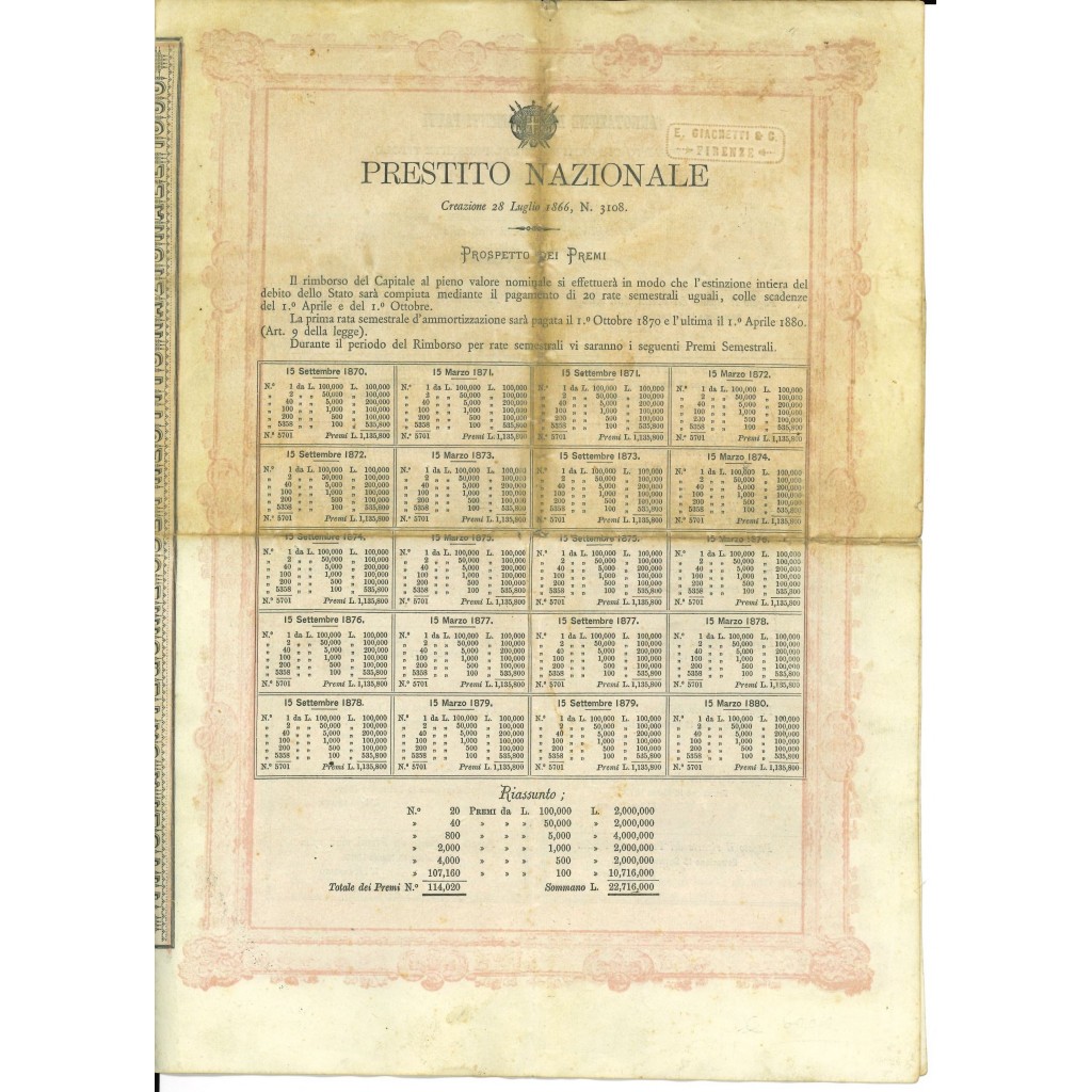 1871 - PRESTITO NAZIONALE DEL REGNO D'ITALIA...