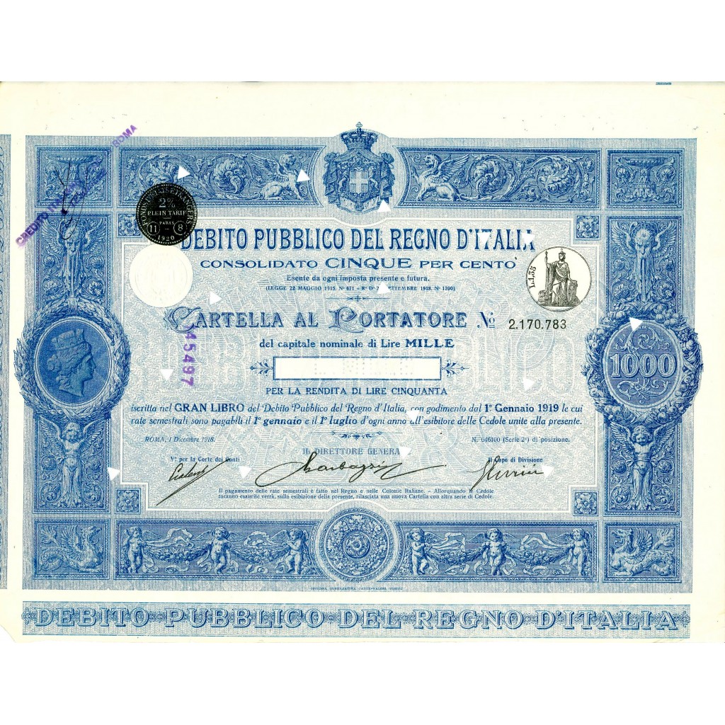1918 - CONSOLIDATO 5% LIRE 1.000 - DEB. PUBBLICO REGNO D'ITALIA - ROMA