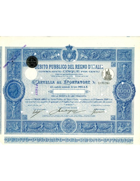 1918 - CONSOLIDATO 5% LIRE 1.000 - DEB. PUBBLICO REGNO D'ITALIA - ROMA
