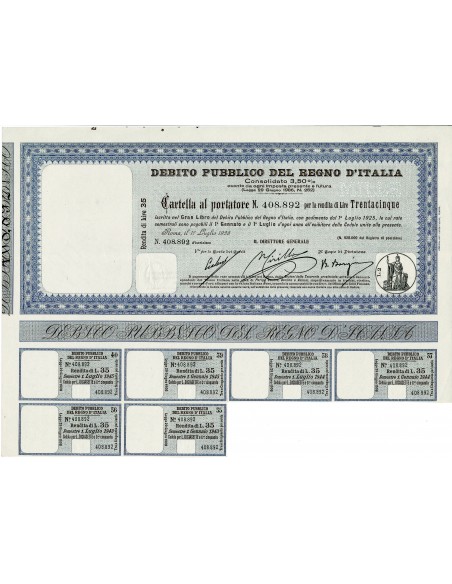 1925 - CONSOLIDATO 3,50% LIRE 1.000 RENDITA LIRE 35 - DEB. PUBBLICO REGNO D'ITALIA - ROMA