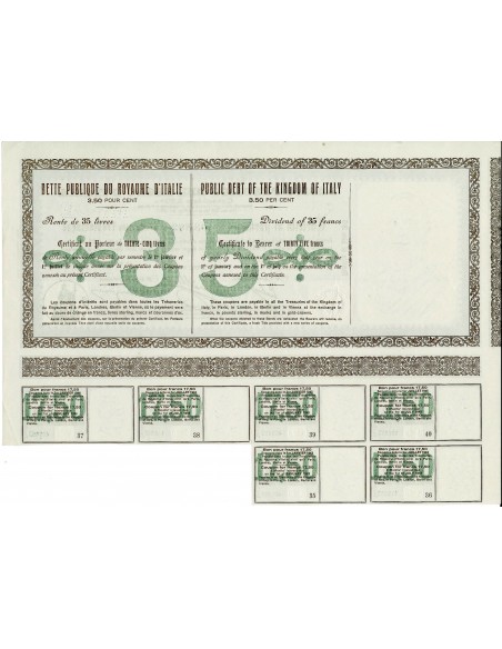 1925 - CONSOLIDATO 3,50% LIRE 1.000 RENDITA LIRE 35 - DEB. PUBBLICO REGNO D'ITALIA - ROMA