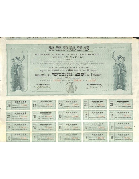 HERMES SOC. ITALIANA PER AUTOMOBILI - 25 AZIONI ROMA 1906