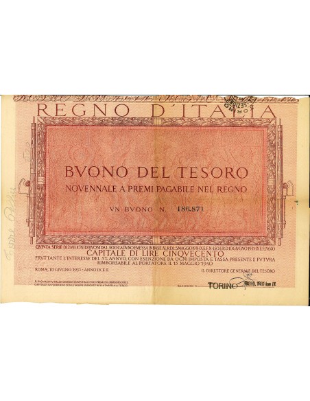 1931 - BUONO DEL TESORO NOVENNALE A PREMI 5% LIRE 500 - ROMA