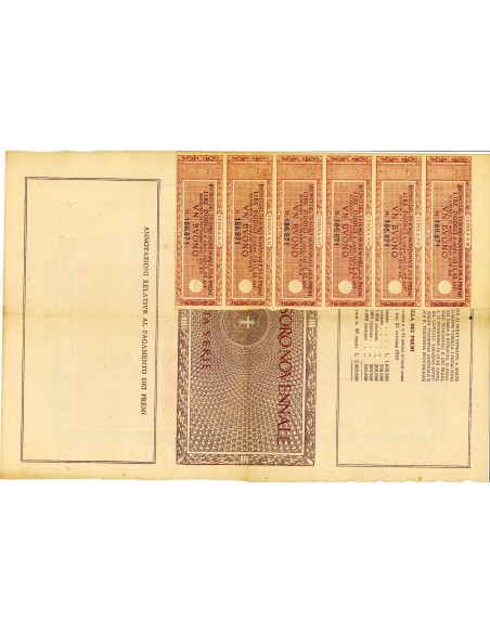 1931 - BUONO DEL TESORO NOVENNALE A PREMI 5% LIRE 500 - ROMA