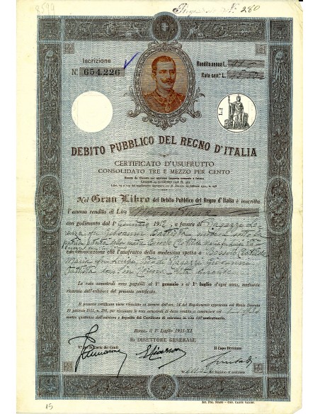 1933 - CONSOLIDATO 3,50%  RENDITA LIRE 91 - DEB. PUBBLICO REGNO D'ITALIA - ROMA