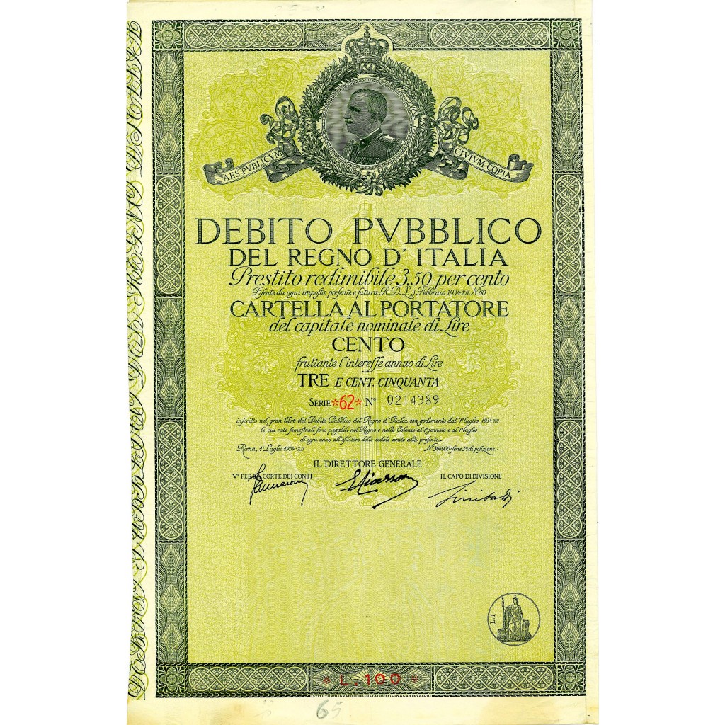 1934 - PRESTITO REDIMIBILE 3,50% TAGLIO DA 100 - DEB. PUBBLICO REGNO D ...