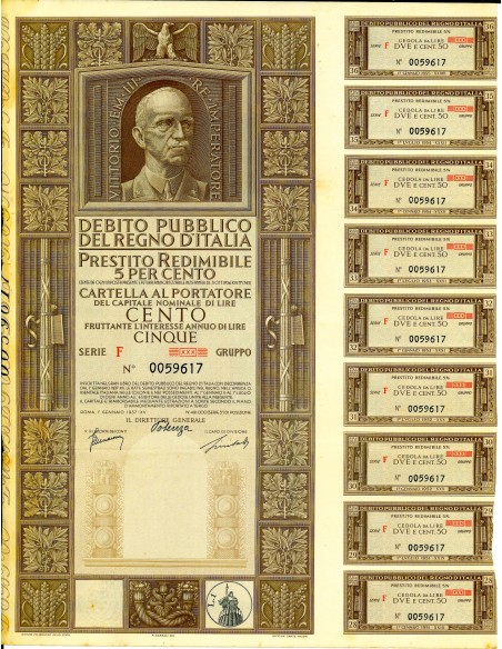 1937 - PRESTITO REDIMIBILE 5% - CARTELLA 100 LIRE SERIE F - ROMA  (Vittorio Emanuele III, marrone)